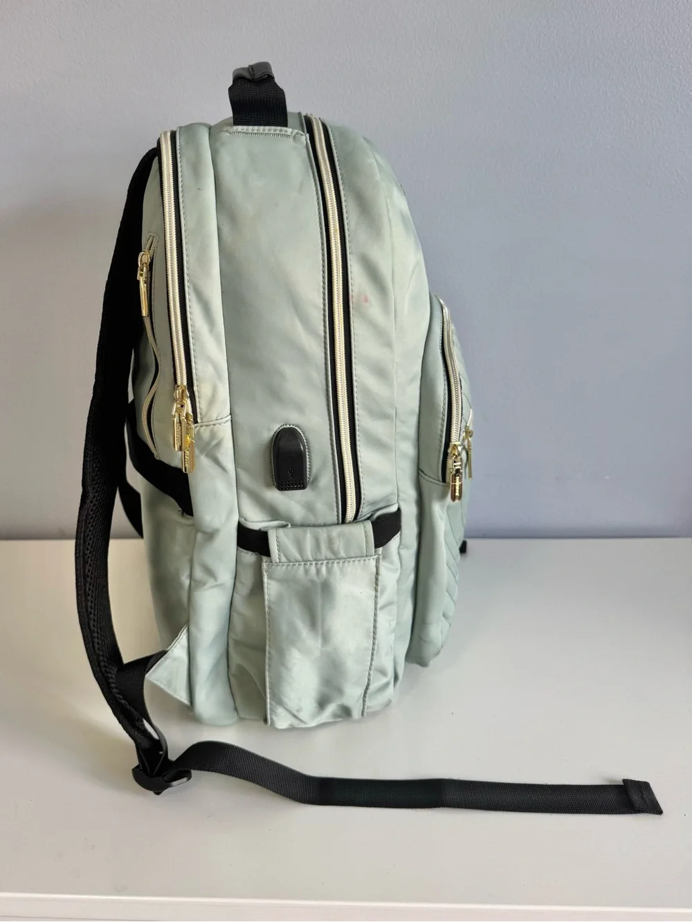 LOVEVOOK Mint Green Quilted Backpack Diaper Travel Bag USB Gold Hardware